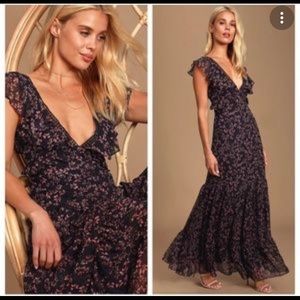 Lulus maxi dress darling daydream navy floral tiered hem medium
